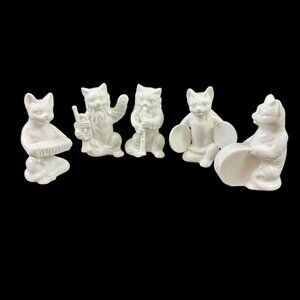 5 White Porcelain Cats Figurines Band Instruments Philip Stahl Vintage 1970s